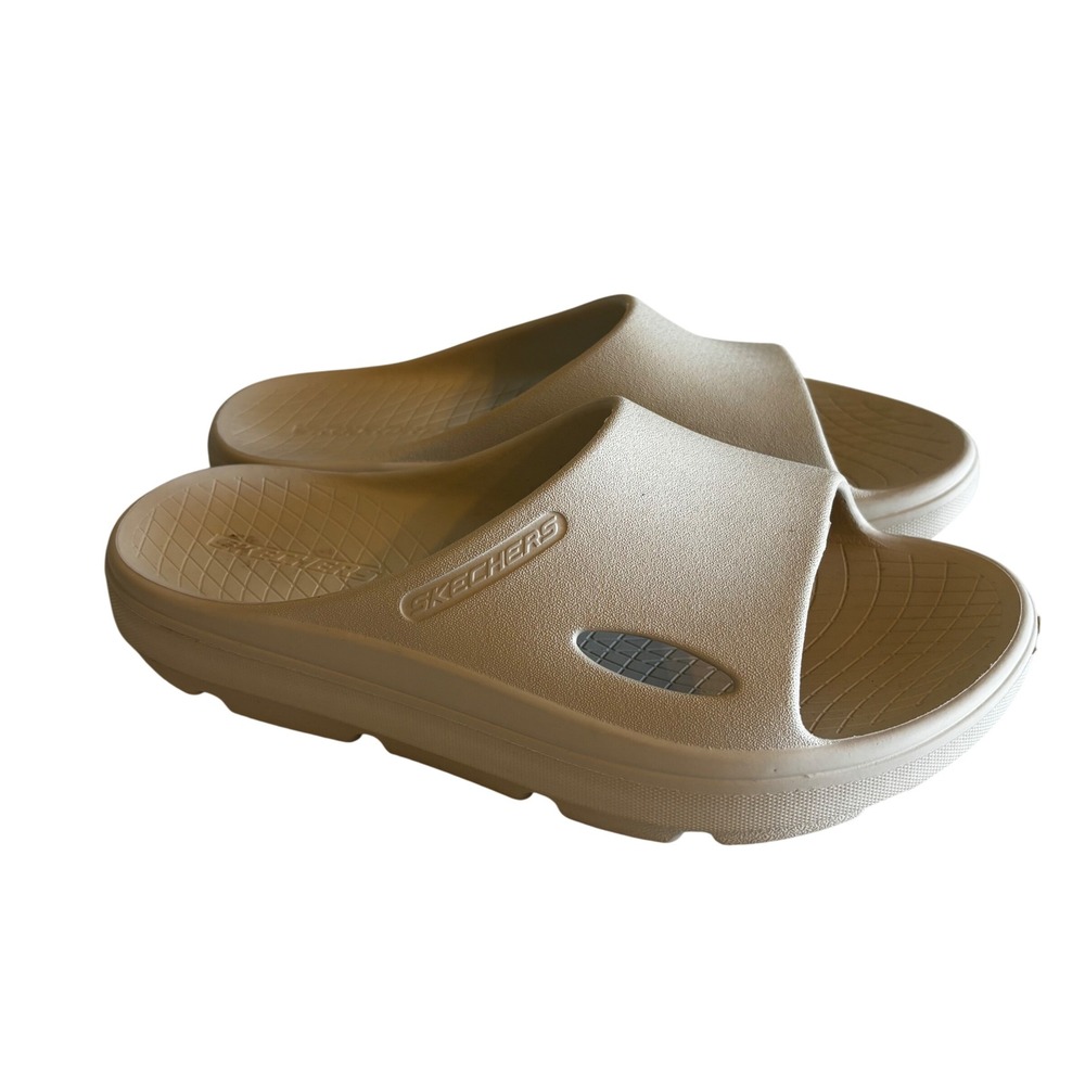 Skechers Womens Foam Slides Sandals Size 8 Cream Beige Platform Comfort 111350